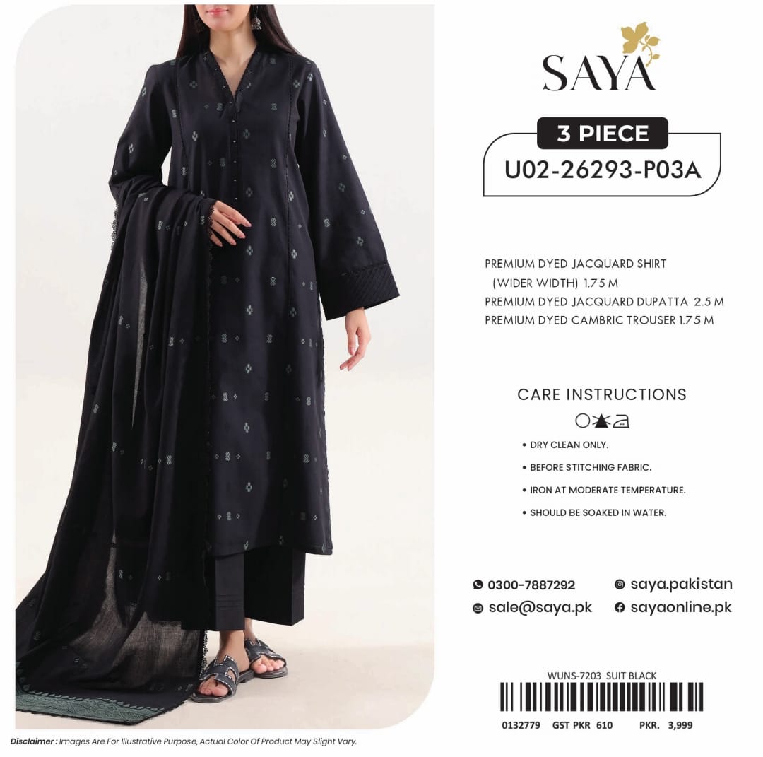 SAYA Premium Jacquard Lawn 3PC Unstitched Suit - Shirt, Lawn Dupatta & Cambric Trouser