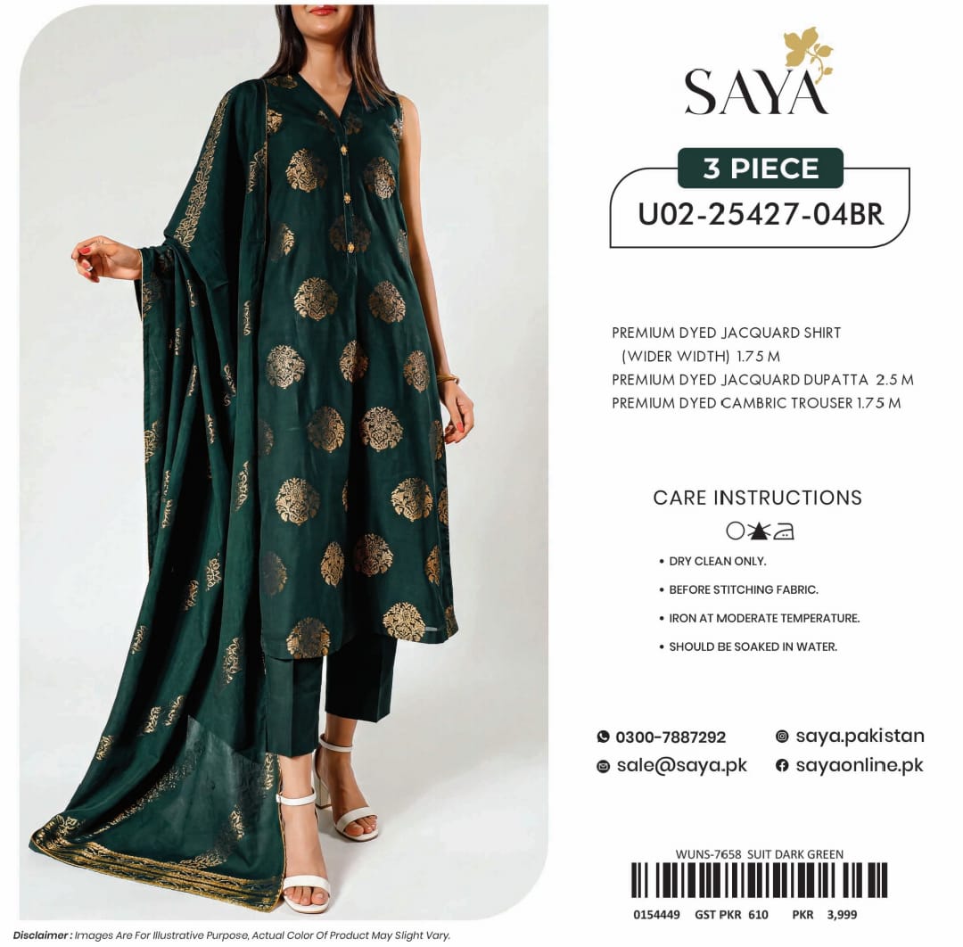 SAYA Premium Jacquard Lawn 3PC Unstitched Suit - Shirt, Lawn Dupatta & Cambric Trouser