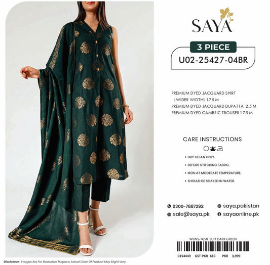 SAYA Premium Jacquard Lawn 3PC Unstitched Suit - Shirt, Lawn Dupatta & Cambric Trouser