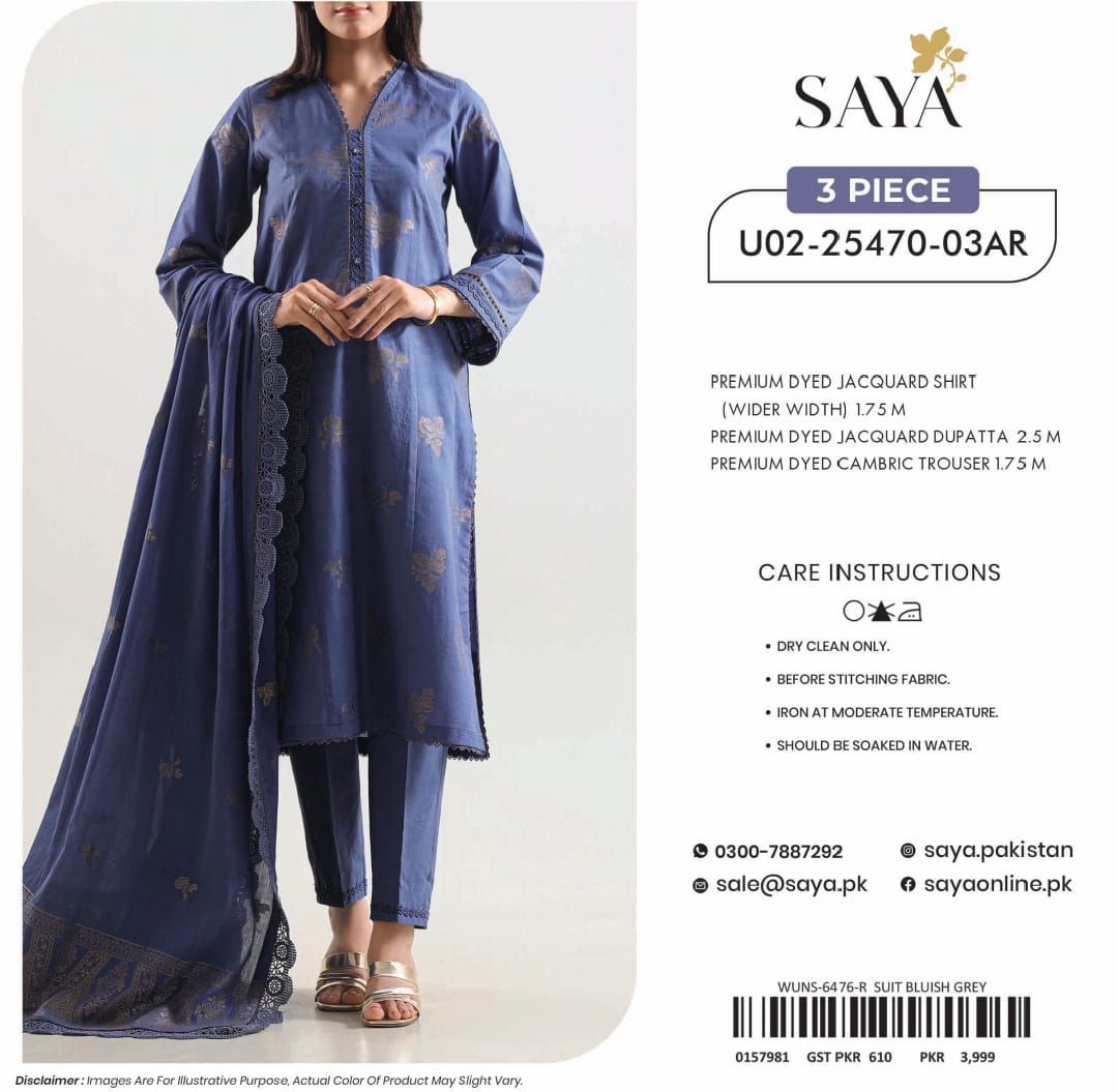 SAYA Premium Jacquard Lawn 3PC Unstitched Suit - Shirt, Lawn Dupatta & Cambric Trouser