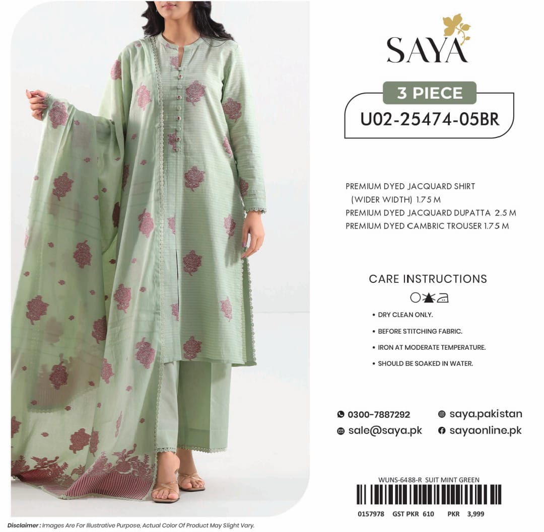 SAYA Premium Jacquard Lawn 3PC Unstitched Suit - Shirt, Lawn Dupatta & Cambric Trouser