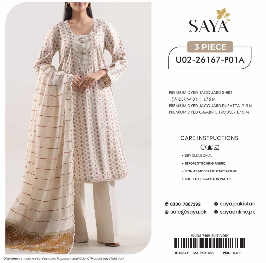 SAYA Premium Jacquard Lawn 3PC Unstitched Suit - Shirt, Lawn Dupatta & Cambric Trouser