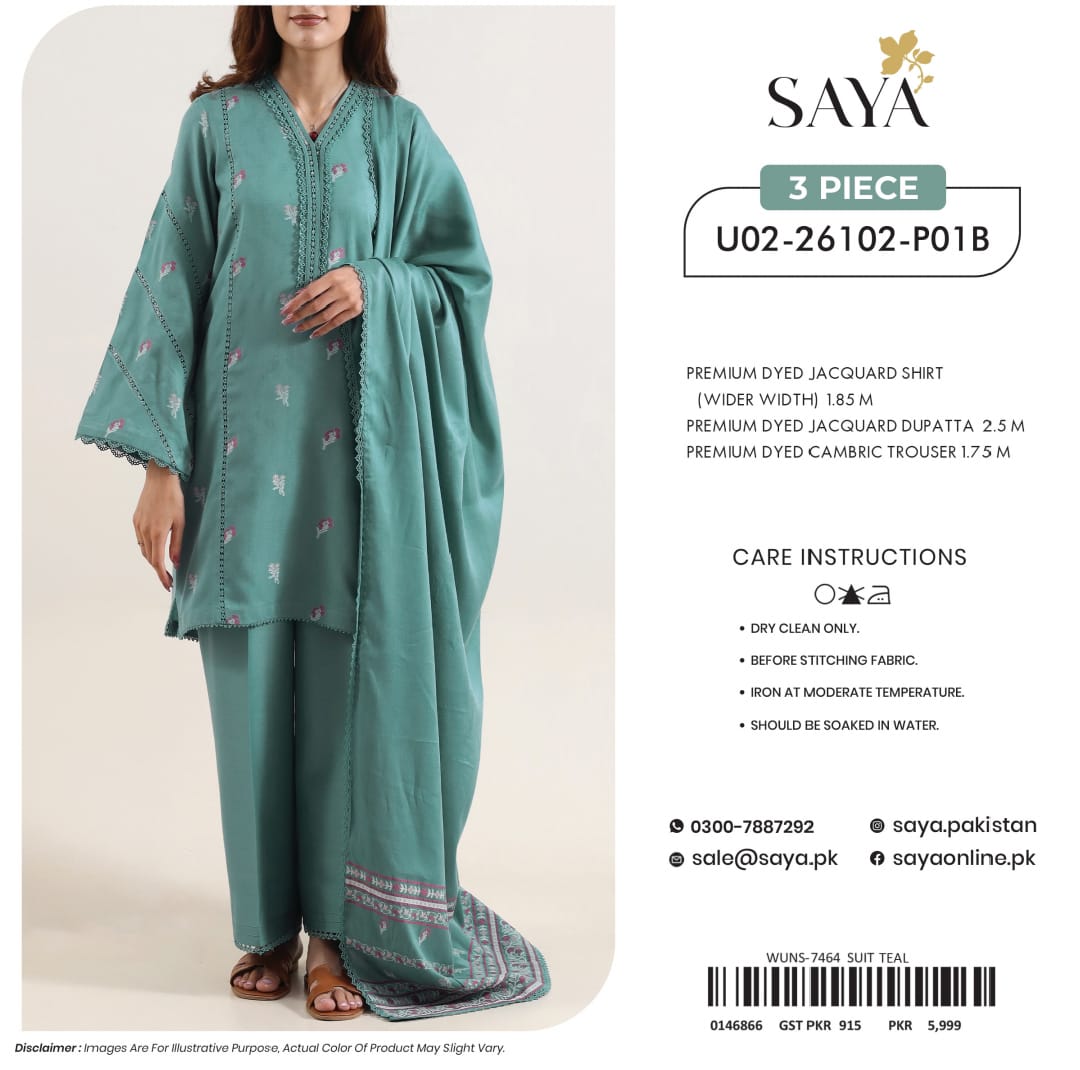 SAYA Premium Jacquard Lawn 3PC Unstitched Suit - Shirt, Lawn Dupatta & Cambric Trouser