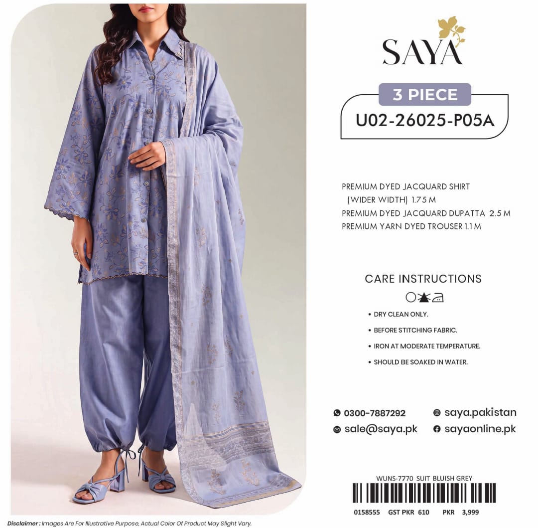 SAYA Premium Jacquard Lawn 3PC Unstitched Suit - Shirt, Lawn Dupatta & Cambric Trouser