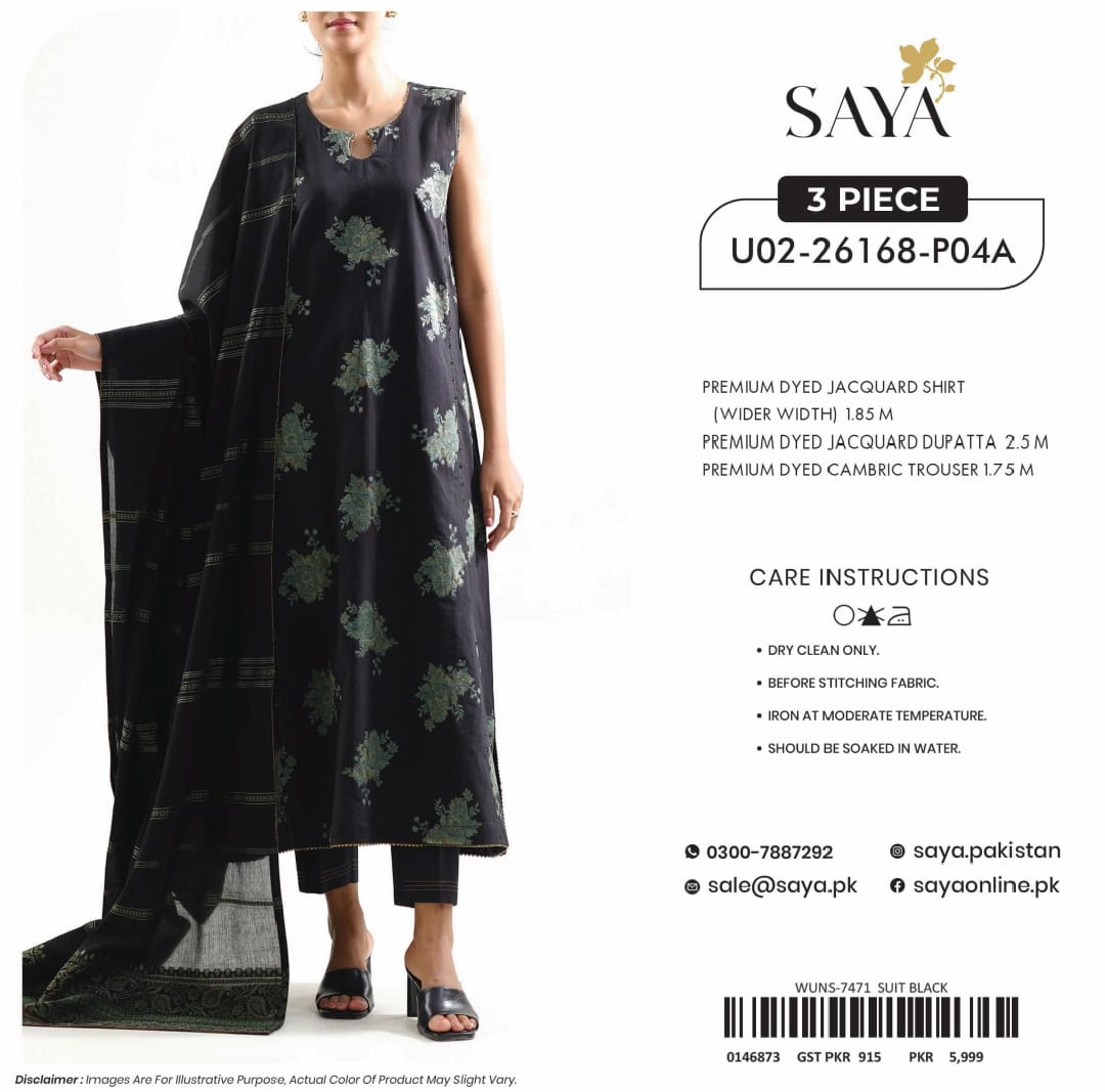 SAYA Premium Jacquard Lawn 3PC Unstitched Suit - Shirt, Lawn Dupatta & Cambric Trouser