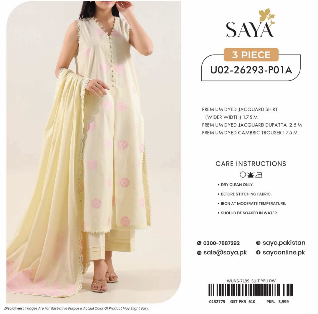 SAYA Premium Jacquard Lawn 3PC Unstitched Suit - Shirt, Lawn Dupatta & Cambric Trouser
