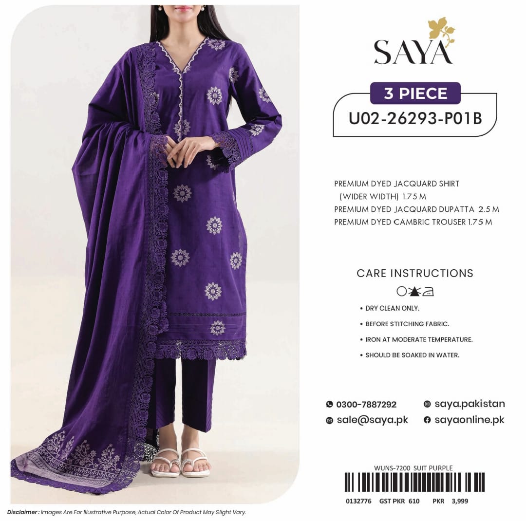 SAYA Premium Jacquard Lawn 3PC Unstitched Suit - Shirt, Lawn Dupatta & Cambric Trouser