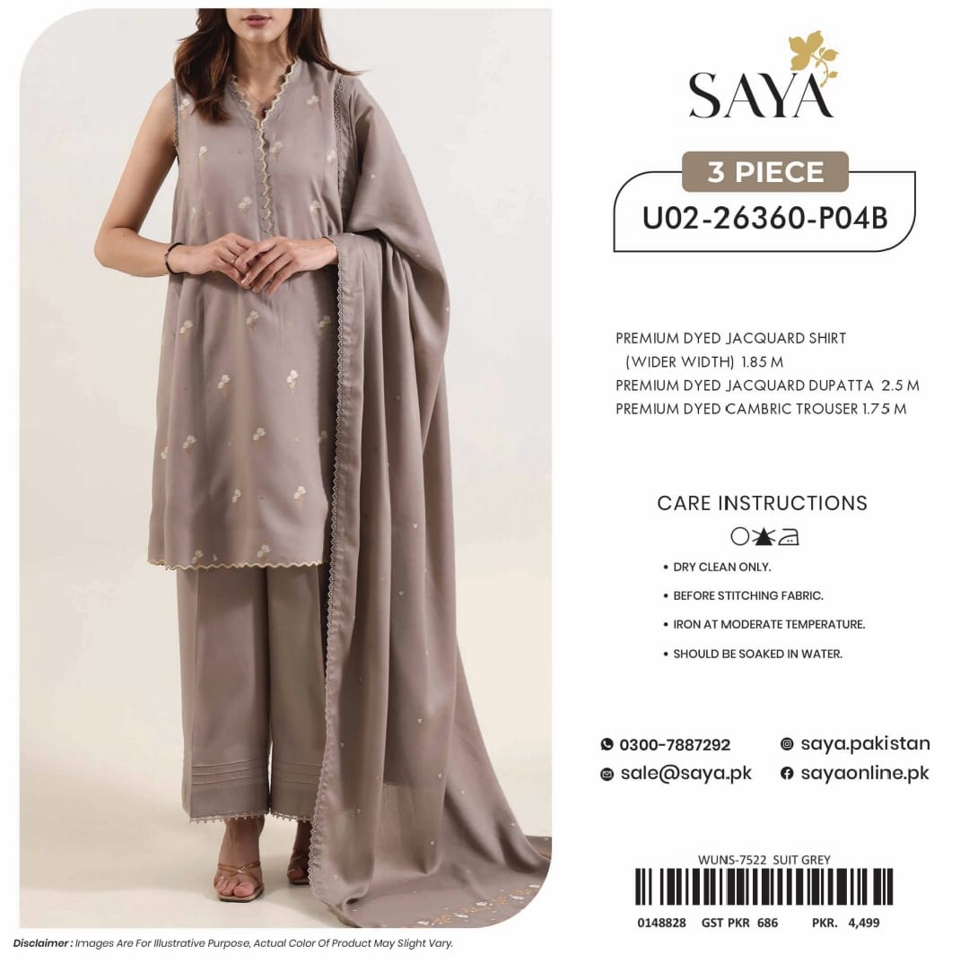 SAYA Premium Jacquard Lawn 3PC Unstitched Suit - Shirt, Lawn Dupatta & Cambric Trouser