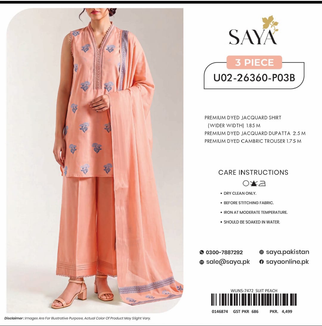 SAYA Premium Jacquard Lawn 3PC Unstitched Suit - Shirt, Lawn Dupatta & Cambric Trouser